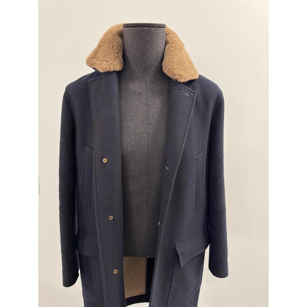 Brunello Cucinelli Navy Wool Beaver Overcoat With Faux Fur Trim Size 48